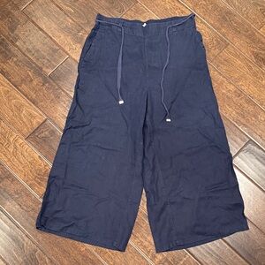 H by Halston Navy Wide-Leg Cropped Linen Drawstring Pants